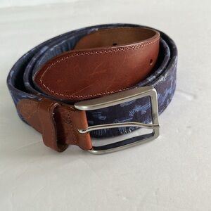 Peter Millar Crown navy tropical print canvas brown leather belt silver buckle